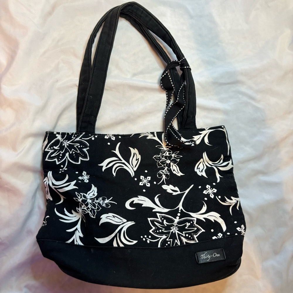 Thirty-One Black and White Floral Small Tote
